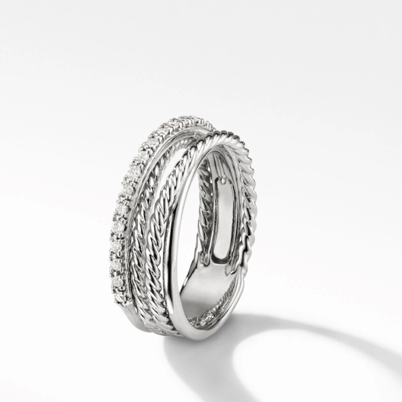 Crossover Band Ring in Sterling Silver with Pavé Diamonds - Picture 2 of 6